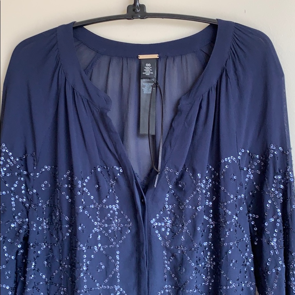 Navy Blue Sequin Button Down Shirt in size 2 - Picture 2 of 7